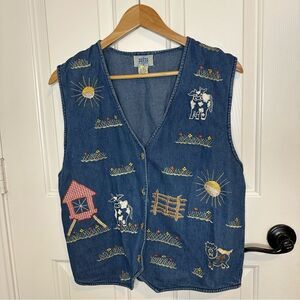 VTG Pasta Medium Blue Farmhouse Cow Patch Embroidered Vest Sz L Cottage Prairie